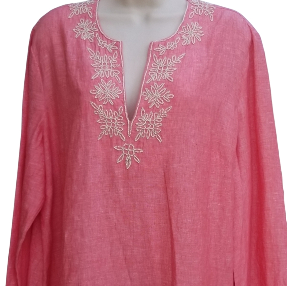 Lands End Salmon Color Beaded Tunic Sz L